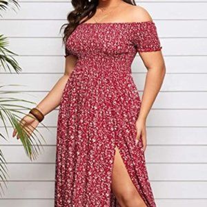 Women's Boho Floral Print Off Shoulder Split Long A Line Dress